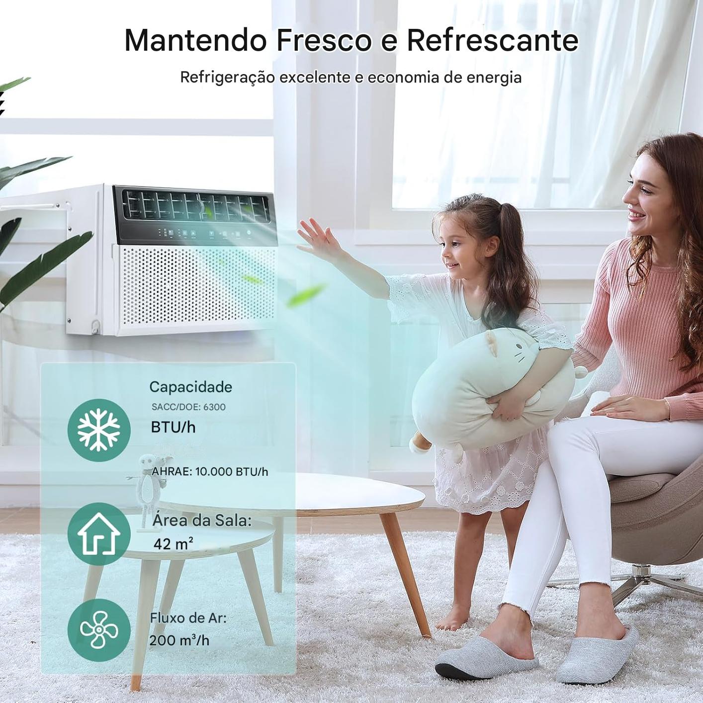 Arcondicionado de Ventana de 10,000 BTU: habilitado para WiFi, operação silenciosa, compatível com a janela (largura do peitoril de até 28 cm)